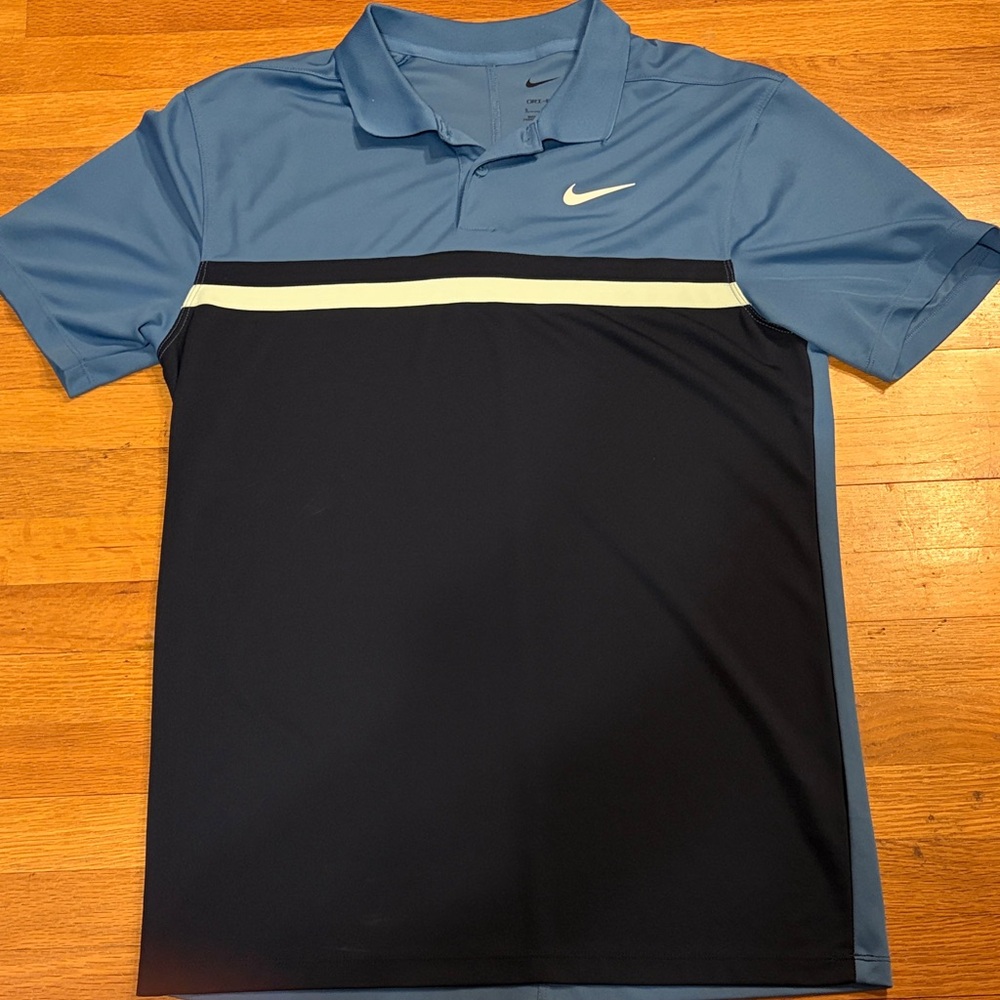 Nike Men's Polo Shirt in Blue and Black with White Stripe